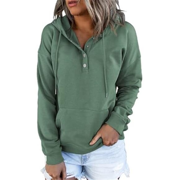 Women's Hoodies – Button Collar, Drawstring Hooded Pullover Sweatshirt - Picture 3 of 7